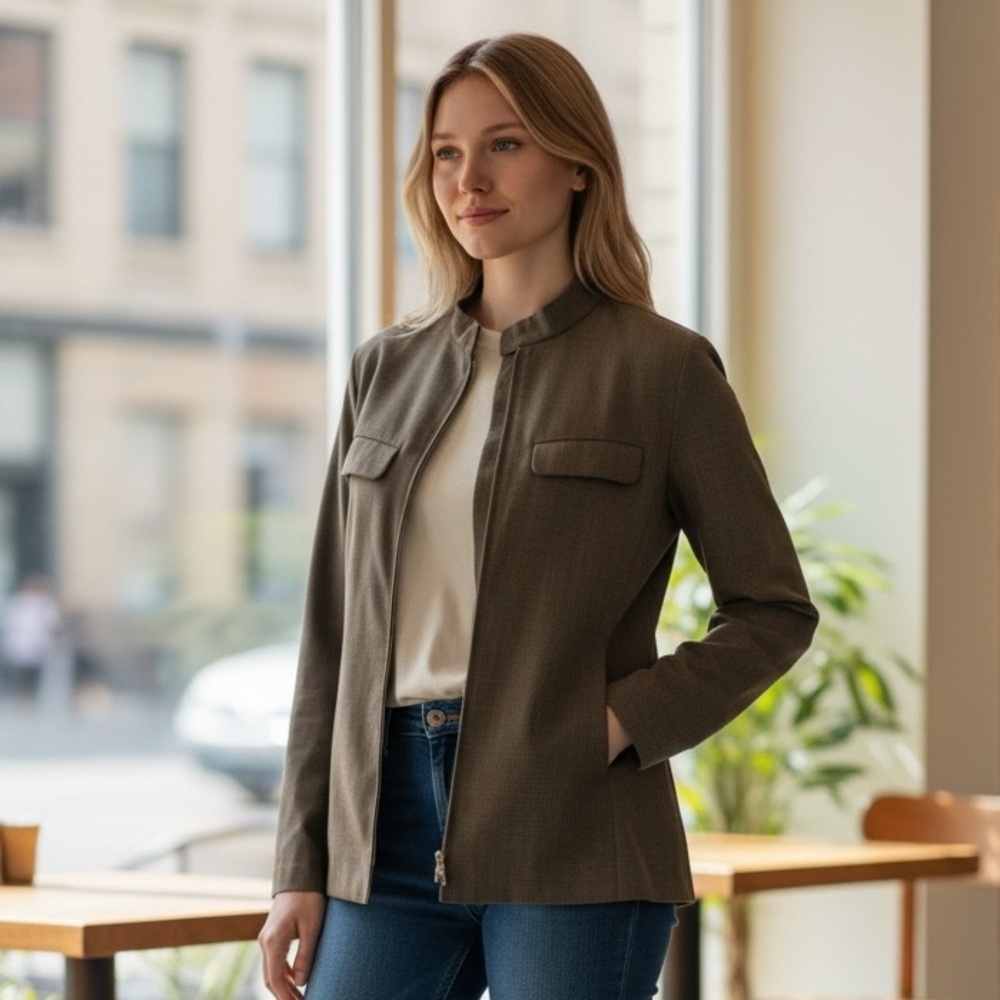MaxMara Designer Olive Utility Jacket - Elevated Neutral Office Casual - Size 10